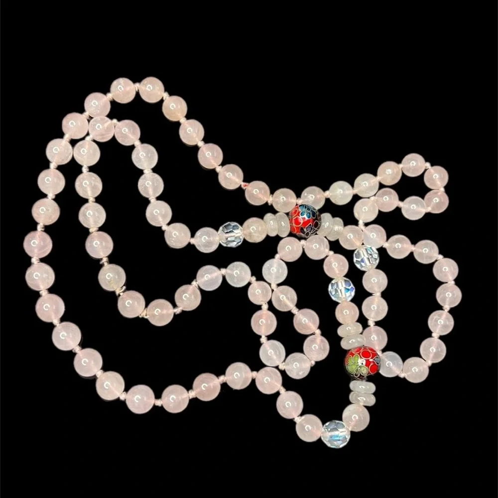 Pink Rose Quartz Beaded Necklace w Cloisonne & Aurora Borealis Accent Be…